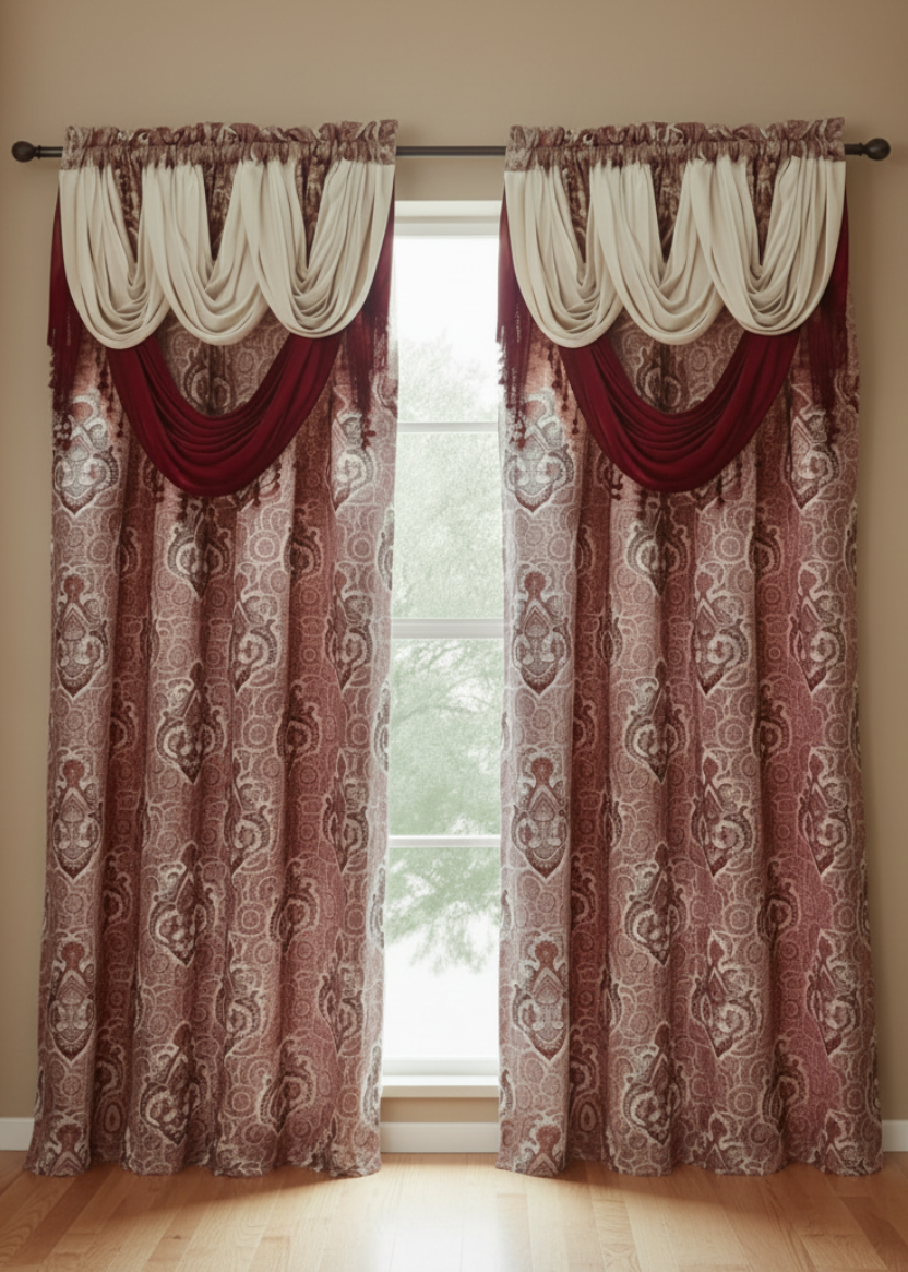MARILYN BURGUNDY Jacquard  Pattern Panel Curtain w attached lace valance Burgundy