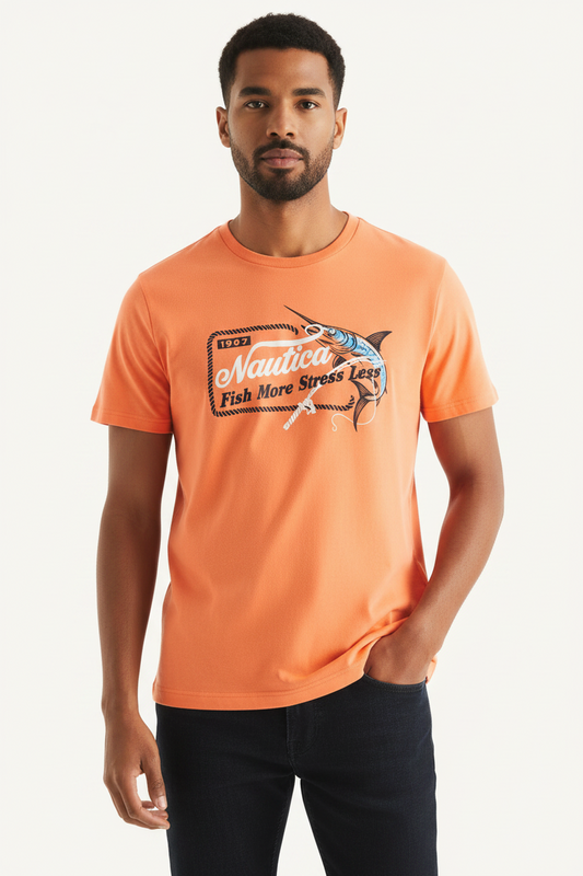 Men's Fish More Graphic T-Shirt Tee cotton Jersey Orange