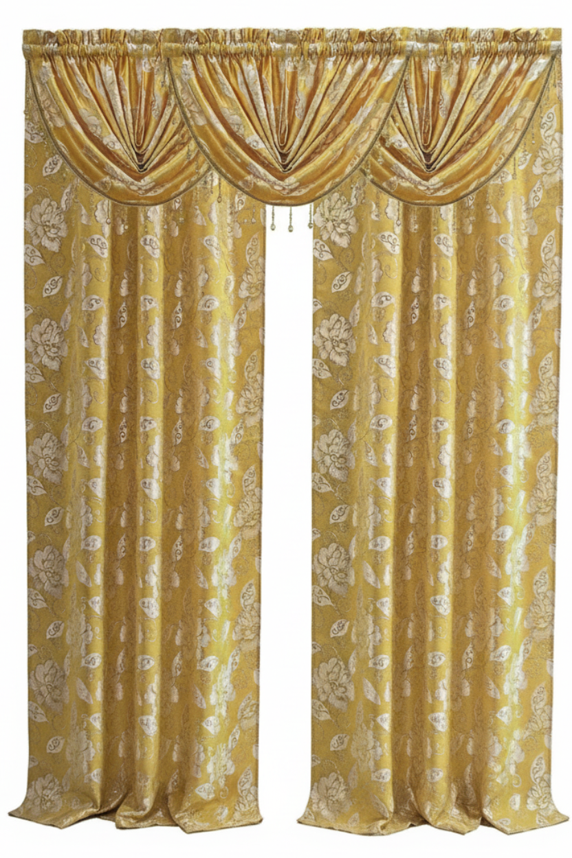 CASSIE GOLDEN  2 PCS Set  yellow Printed W Unattached Valance  Floral Pattern Panel Curtain