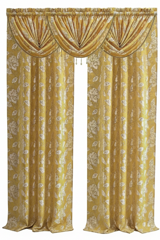 CASSIE GOLDEN  2 PCS Set  yellow Printed W Unattached Valance  Floral Pattern Panel Curtain