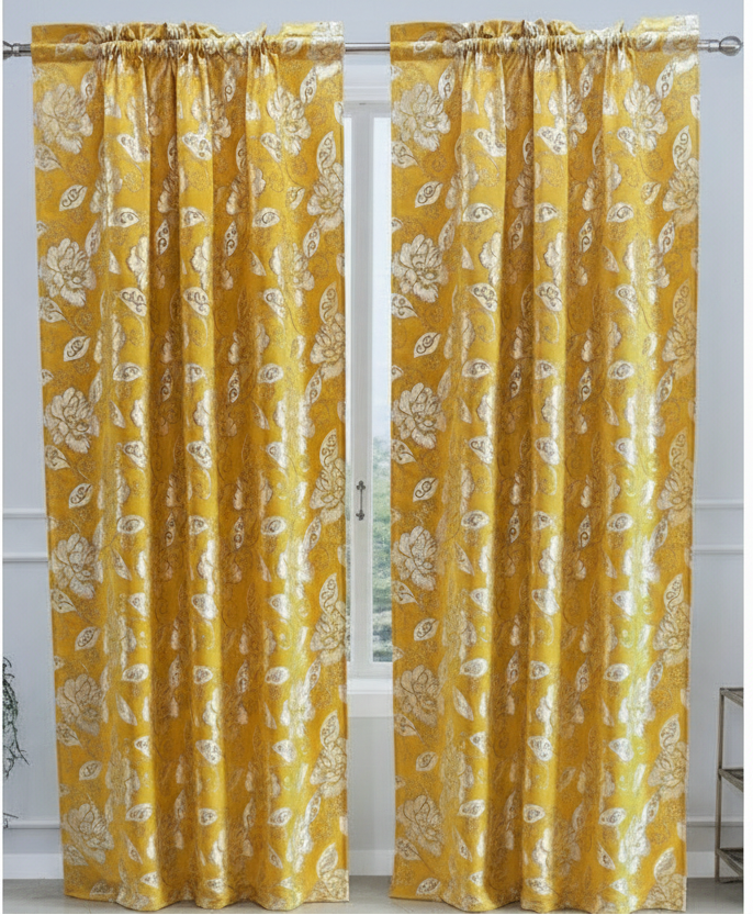 CASSIE GOLDEN  2 PCS Set  yellow Printed W Unattached Valance  Floral Pattern Panel Curtain