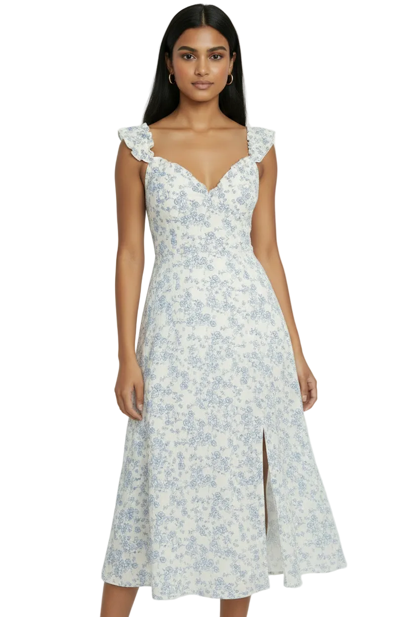 Women's PLUS Open Back  Flutter Sleeve Slit front Printed  smocked maxi dress