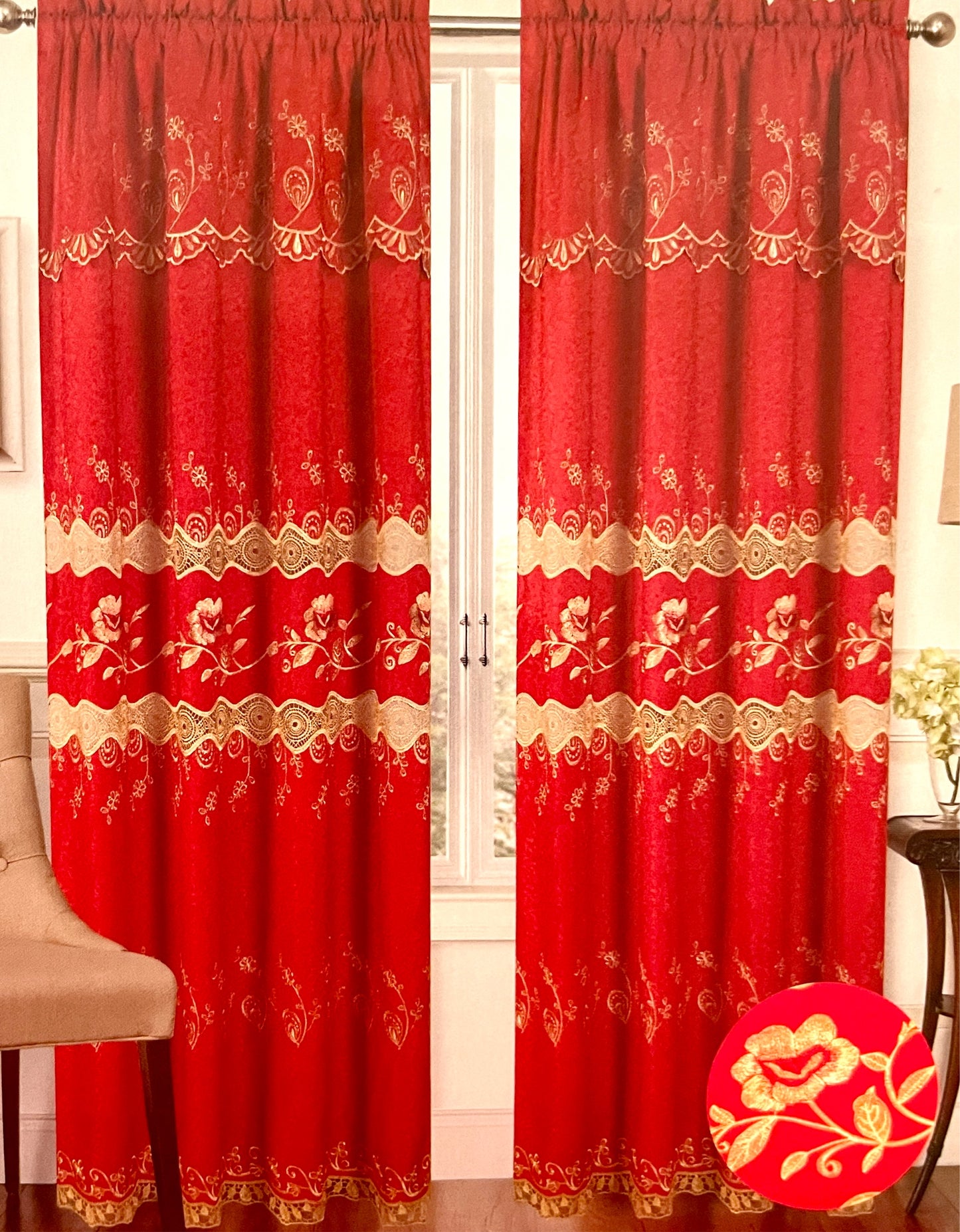 TANIA RED Embroidered Delicate lurex weave Black out  Curtain 54 X 84
