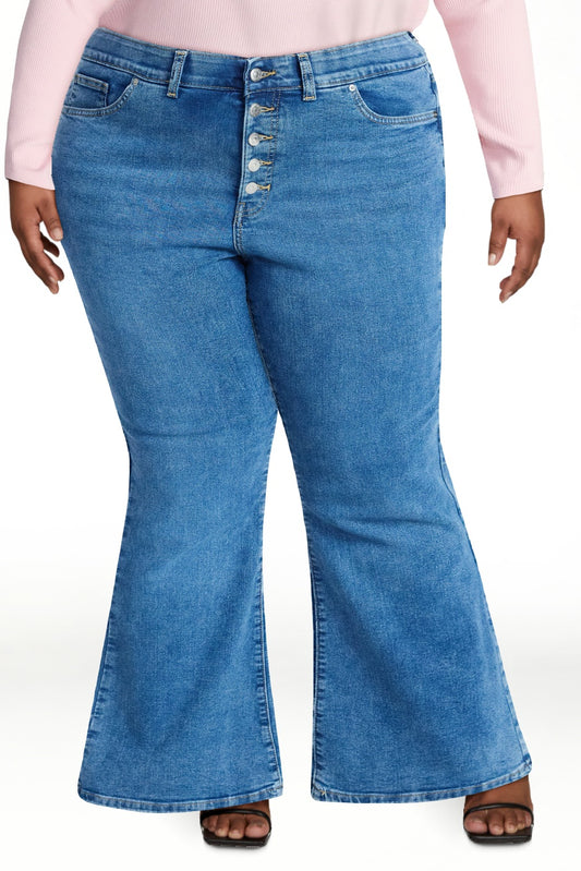 Womens PLUS Button up Corset Fitted Flare Denim Jeans Lucy Wash