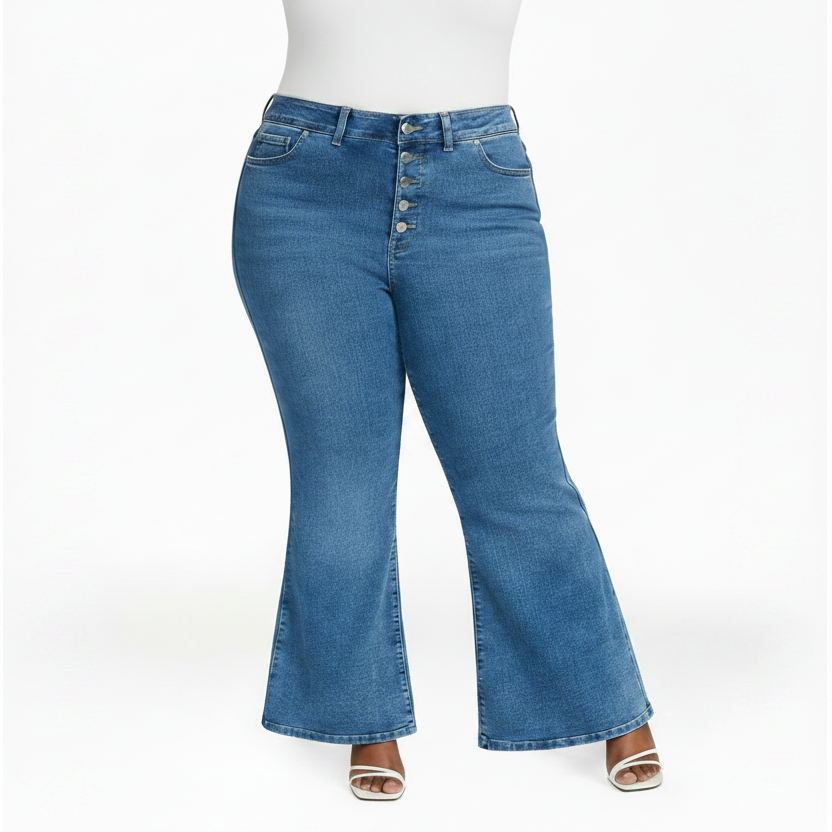 Womens PLUS Button up Corset Fitted Flare Denim Jeans Lucy Wash