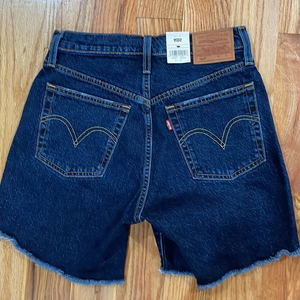 Levi's Dark Wash High Rise Long mid Thigh Frayed Denim Shorts