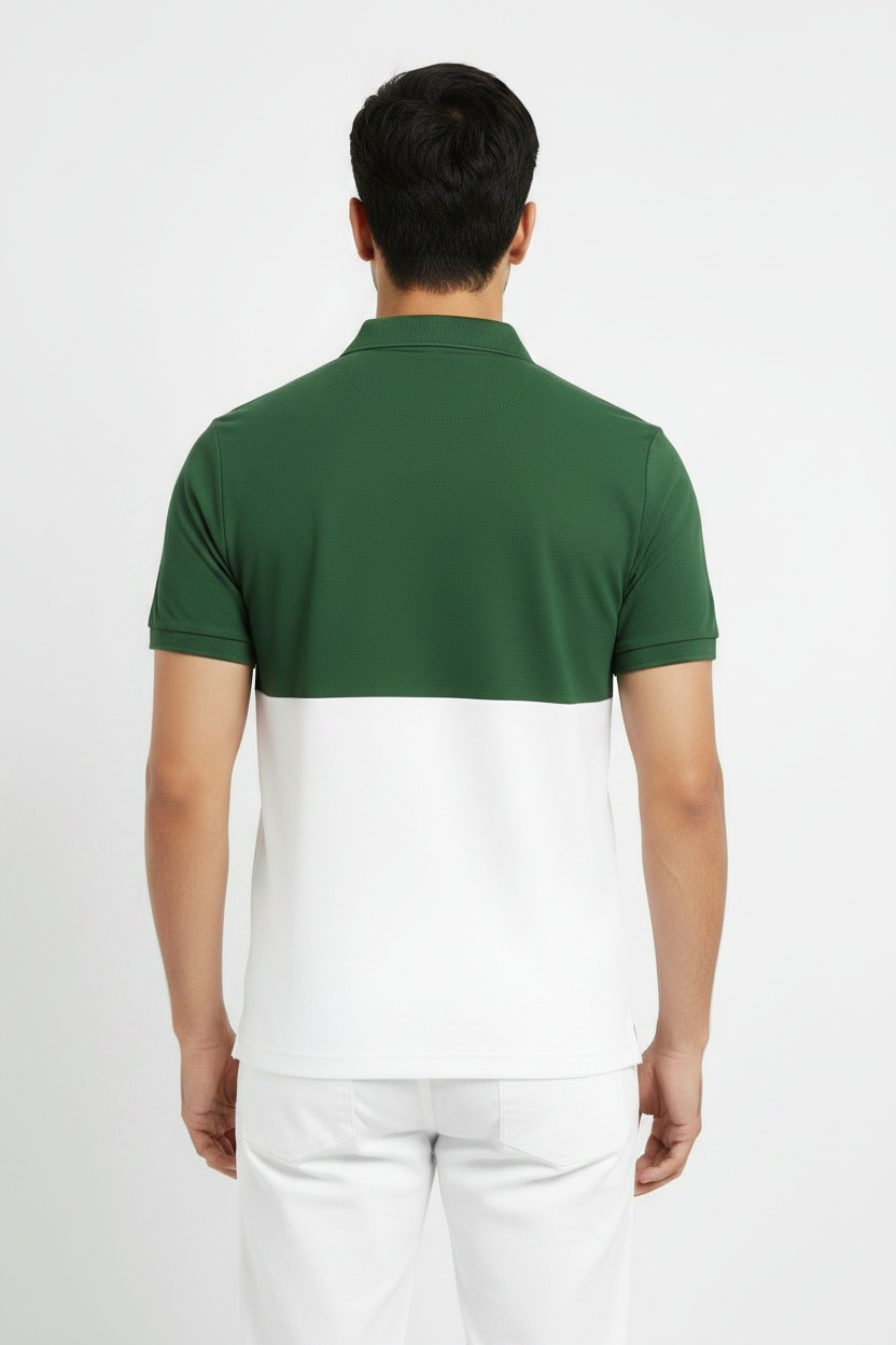 Mens button Tow Tone Color-Block Pique Polo Green White