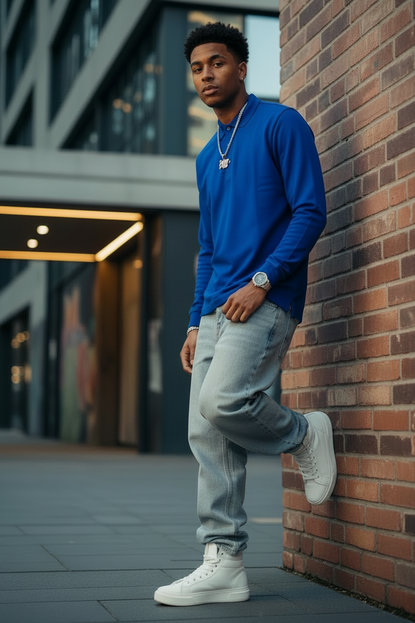 Men's 100% Cotton Long Sleeve Polo  Shirt ROYAL BLUE