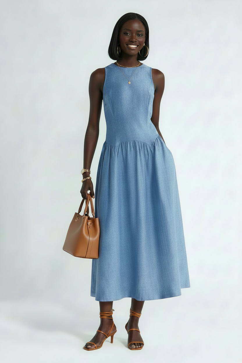Women's Sleeveless Cotton Racer chambray Denim  Maxi Dress