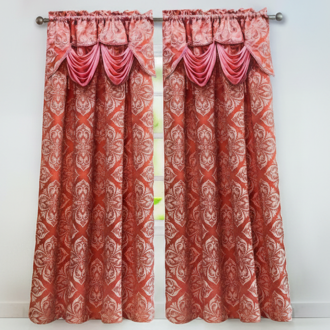 IRENE  BLUSH Jacquard  Pattern Panel Curtain w attached lace valance Coral BLUSH