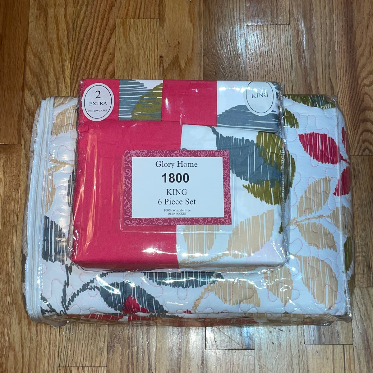 3 Piece Quilt Set  pattern Print Reversible  Pink leaf KING