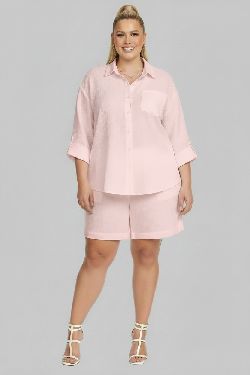 PLUS SIZE WOMEN'S 2 Piece Shirt w Shorts Outfit Set PINK