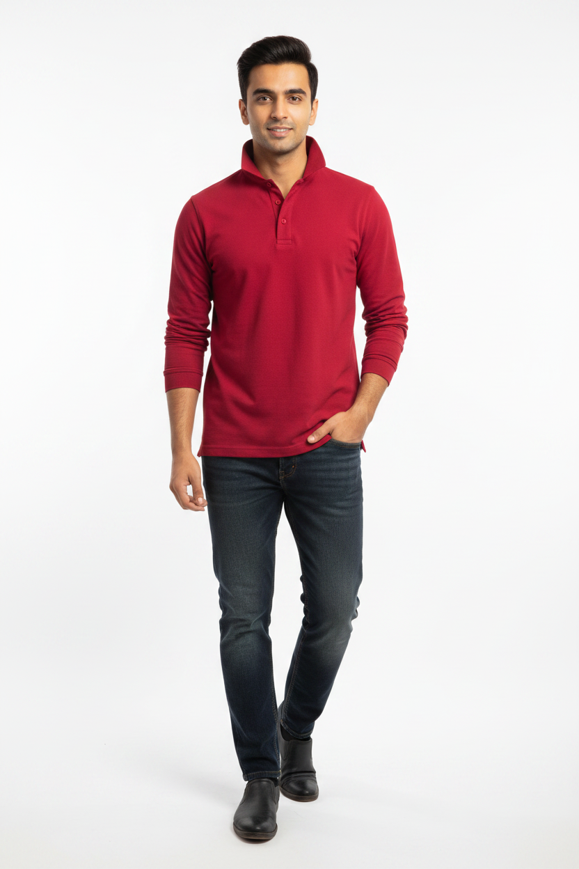 Men's 100% Cotton Long Sleeve Polo  Shirt Red