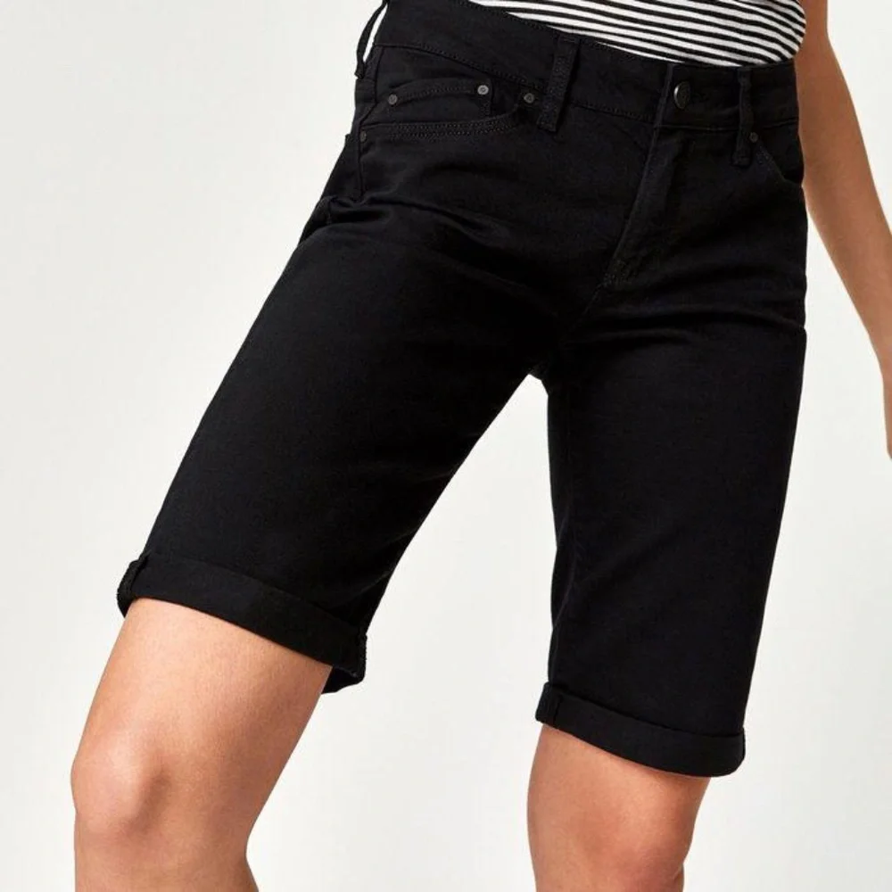 Women's Cuffed Long Knee Bermuda Jean Shorts Black