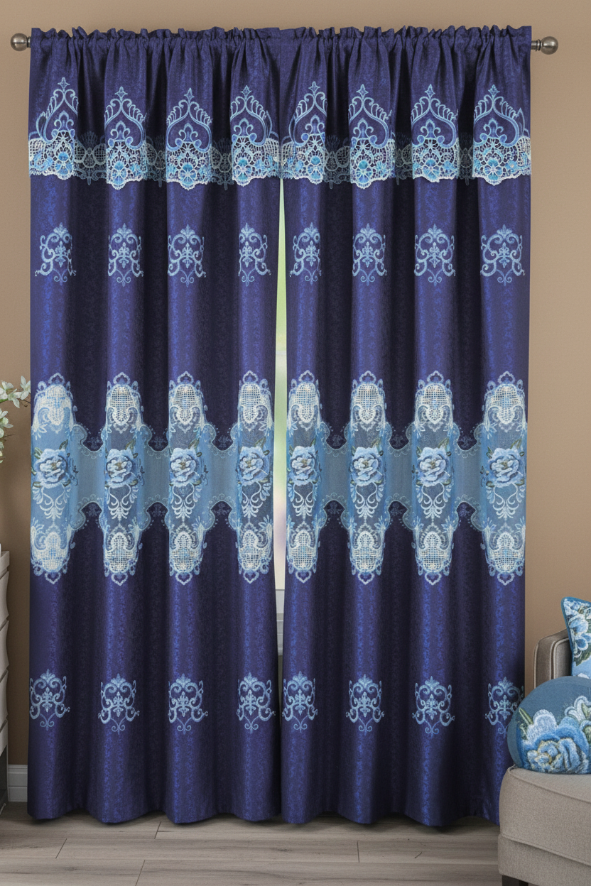 RILEY ROYAL BLUE Window curtain macrame panel with attached Lace Valance