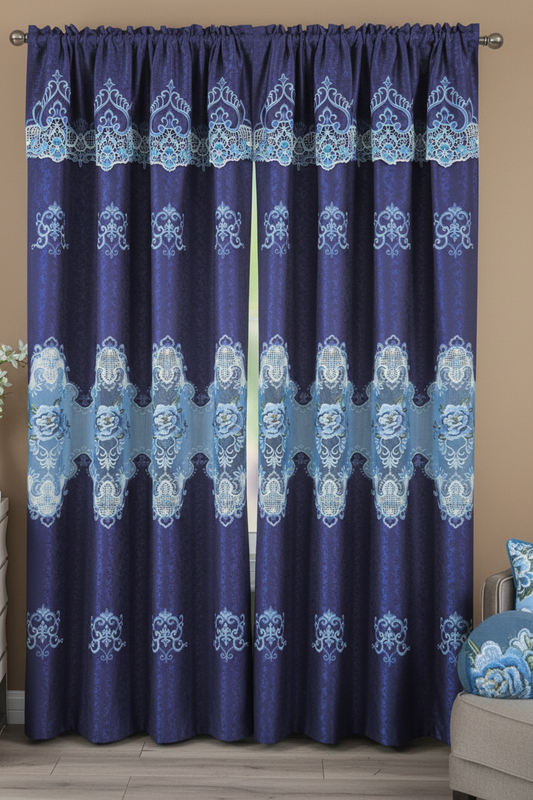 RILEY ROYAL BLUE Window curtain macrame panel with attached Lace Valance