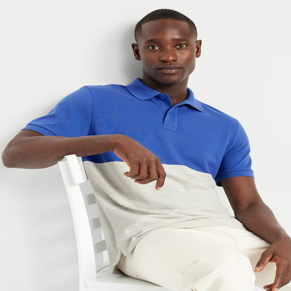Mens button Tow Tone Color-Block Pique Polo Blue Grey