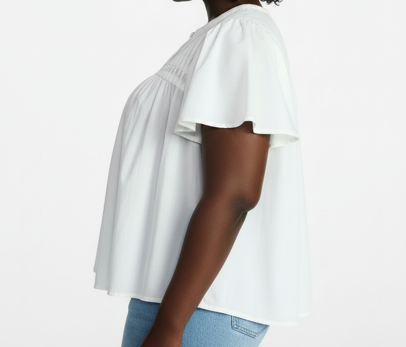 Women's PLUS  Women’s Pleated Yoke White Top with Short Flutter Sleeves