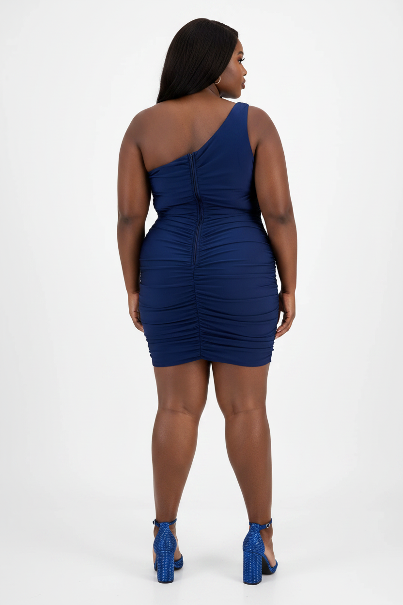 B Darlin Trendy Plus Size Ruched One-Shoulder Mini Sexy  Dress Blue