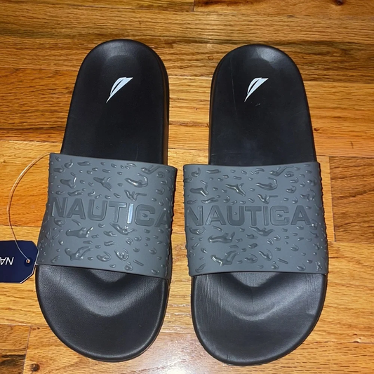 Men's Nautica Nautical Gray  Raised Print Logo Slide Slippers
