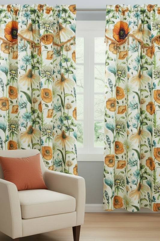 ELIZA Crepe  Pattern Panel Curtain w attached lace valance ORANGE
