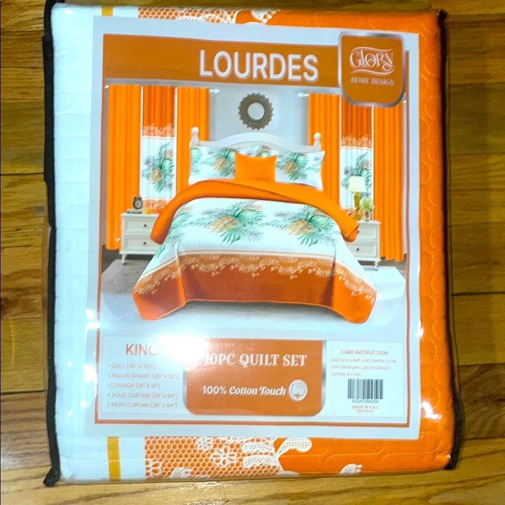 10 Piece LORDES Quilt w Sheet Set W Matching Curtains  KING ORANGE