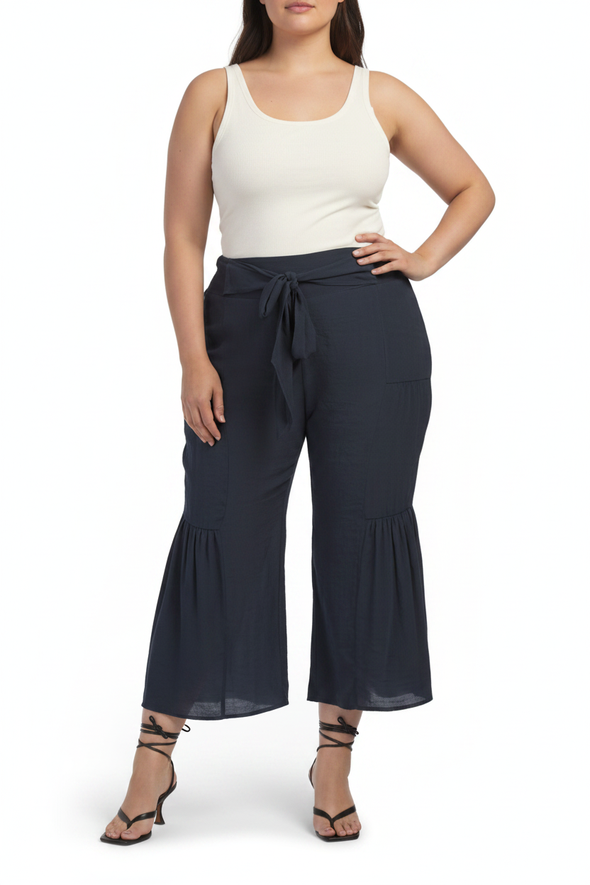 Women's PLUS SIZE  Pull On Tie Waist Gauze Pants  NAVY