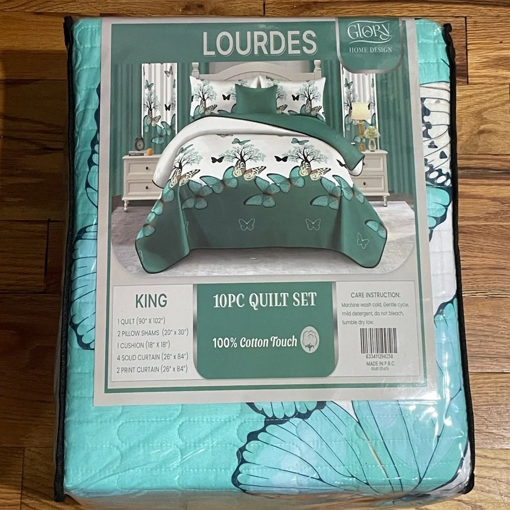 10 Piece LORDES Quilt w Sheet Set W Matching Curtains  KING AQUA BUTTERFLY