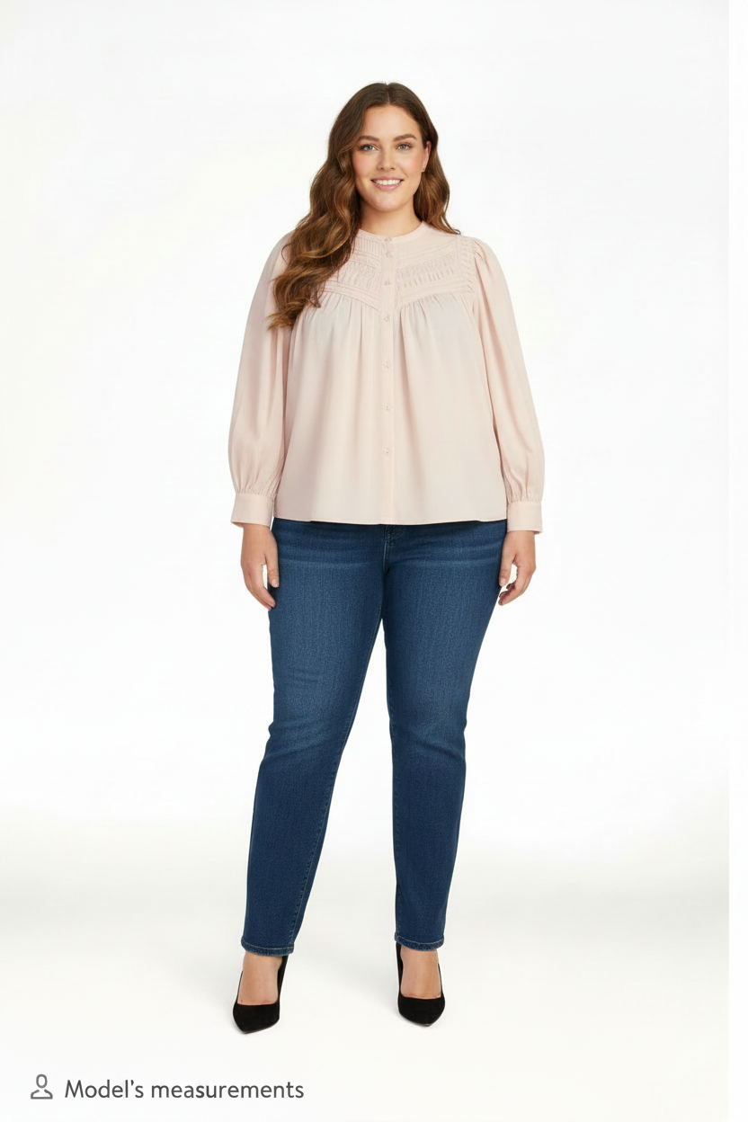 Women's PLUS SIZE Women’s Pleated Yoke PINK Long sleeve Top with