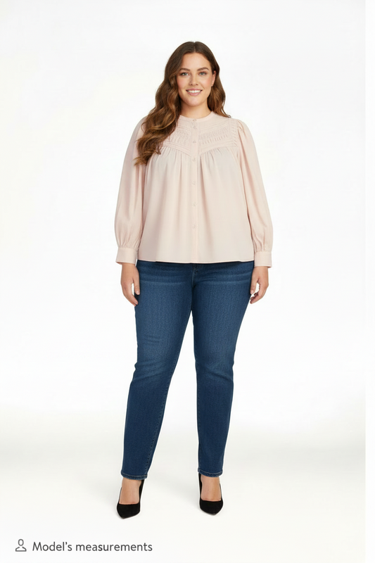 Women's PLUS SIZE Women’s Pleated Yoke PINK Long sleeve Top with