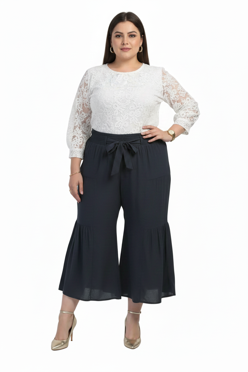 Women's PLUS SIZE  Pull On Tie Waist Gauze Pants  NAVY