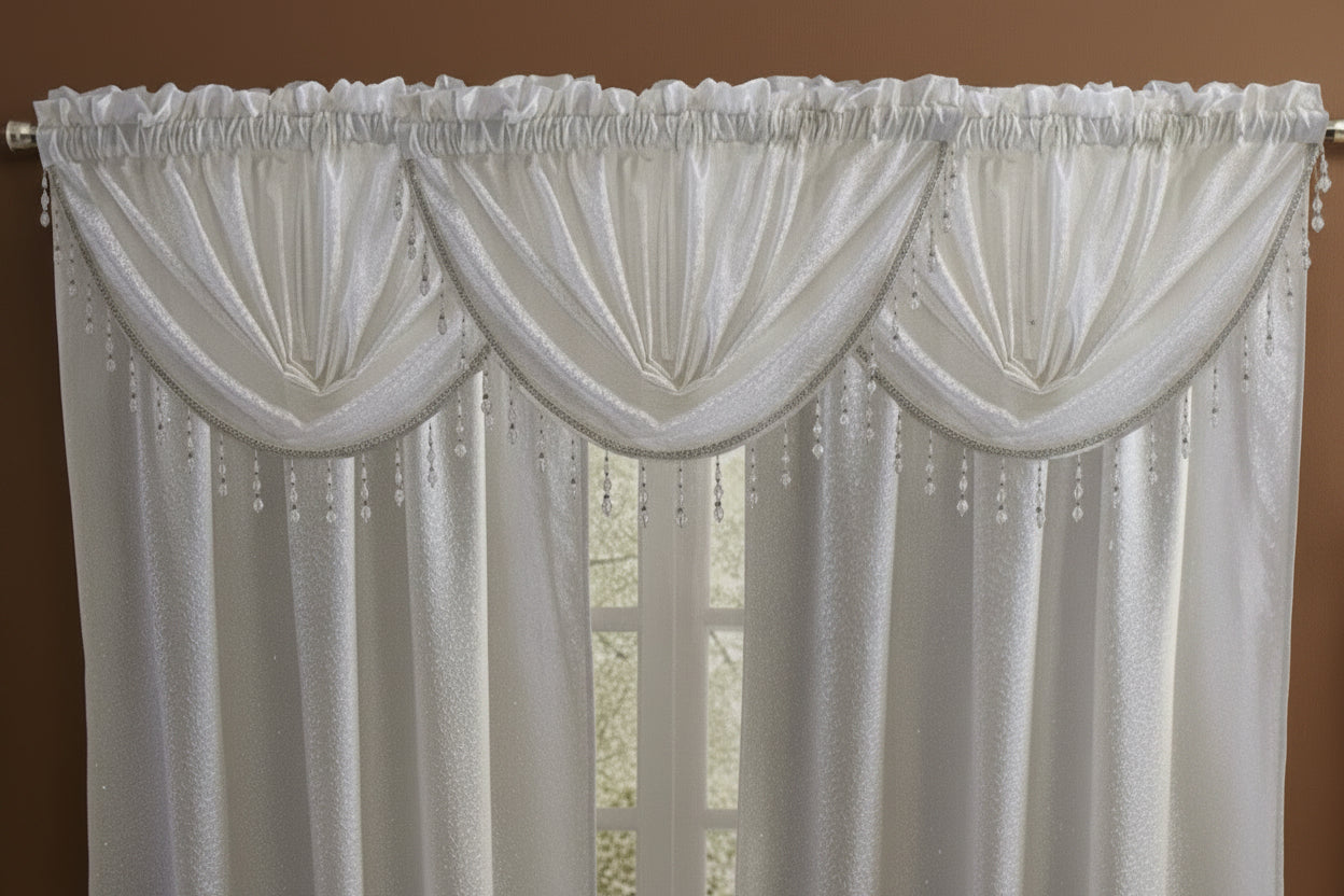 DENISE OFF WHITE 2 PCS Set White Pattern  W Unattached Valance Jacquard  Curtain
