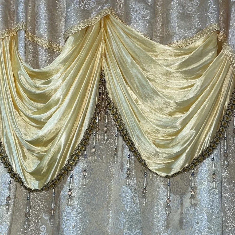 SLOANE BEIGE Jacquard  Pattern Panel Curtain w attached lace valanceLD