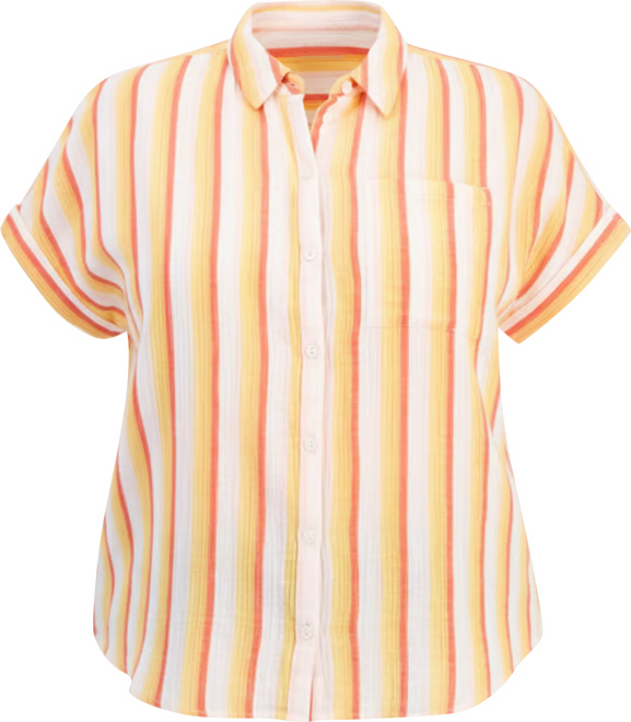 PLUS size Women's Striped Camp Short sleeve 100% Cotton  Shirt Orange