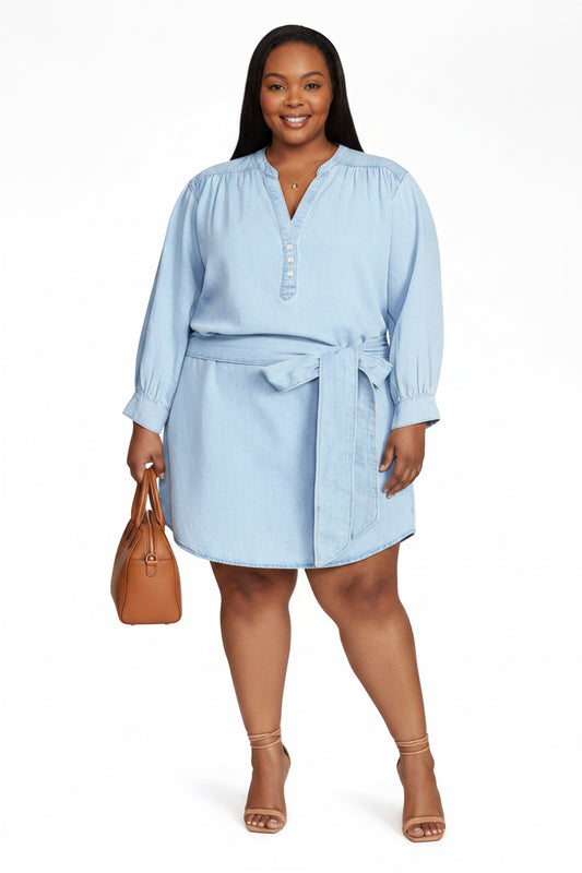 Women's PLUS Self Tie Long Sleeve Dress Shirt Dress