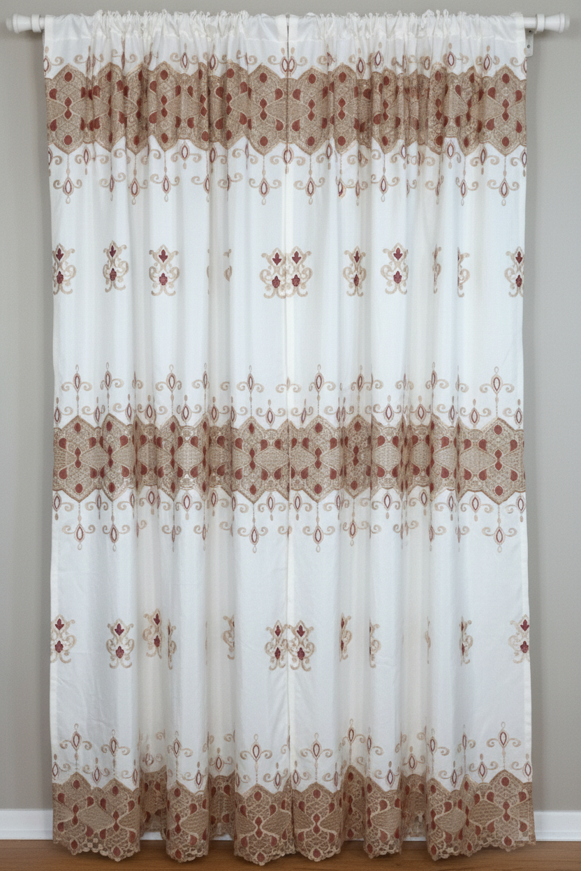 Macrame jacquard Panel Curtain w attached lace valance  Beige Burgundy Red