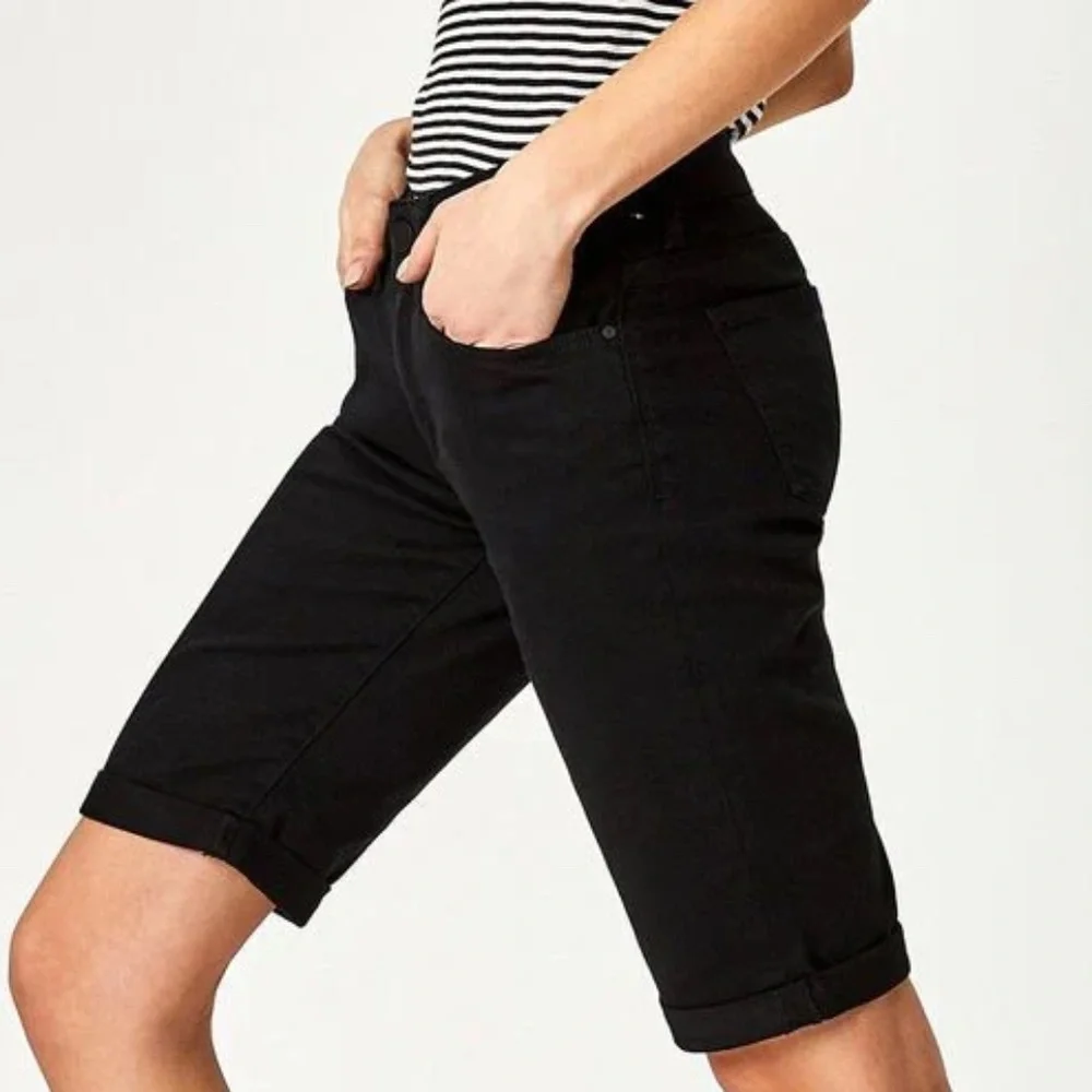 Women's Cuffed Long Knee Bermuda Jean Shorts Black