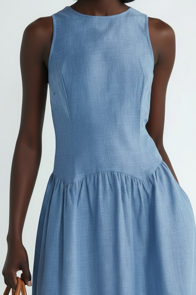 Women's Sleeveless Cotton Racer chambray Denim  Maxi Dress