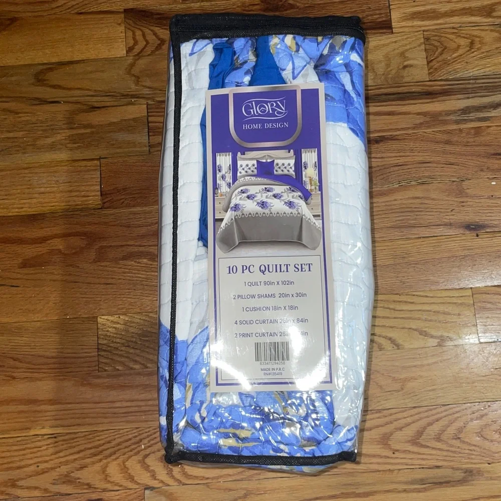 10 Piece LORDES Quilt w Sheet Set W Matching Curtains  KING BLUE