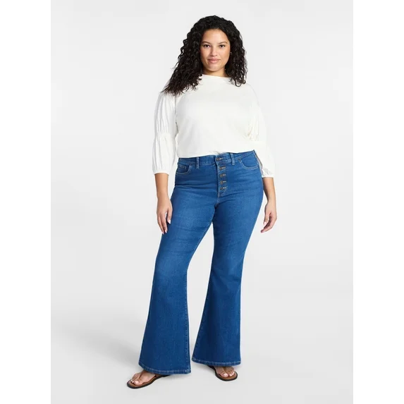Womens PLUS Button up Corset Fitted Flare Denim Jeans Sloane Wash