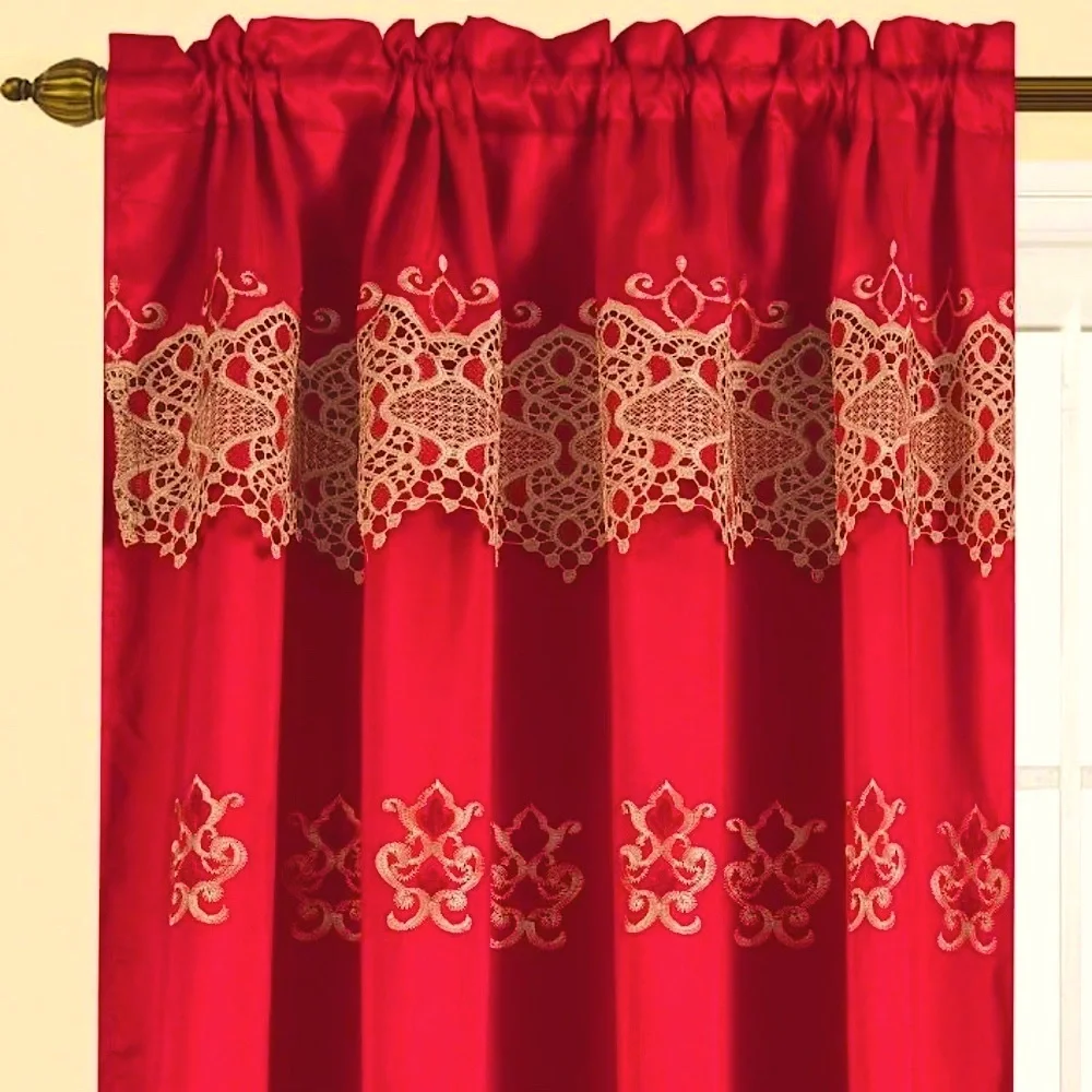 JENNY RED  Floral flowers Pattern Panel Curtain w attached lace valance Red Gold