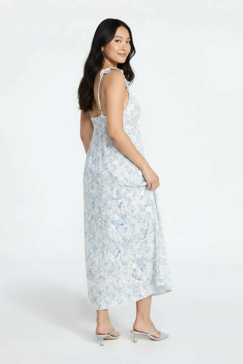 Women's PLUS Open Back  Flutter Sleeve Slit front Printed  smocked maxi dress