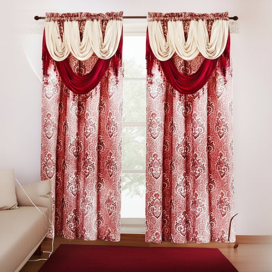 MARILYN BURGUNDY Jacquard  Pattern Panel Curtain w attached lace valance Burgundy