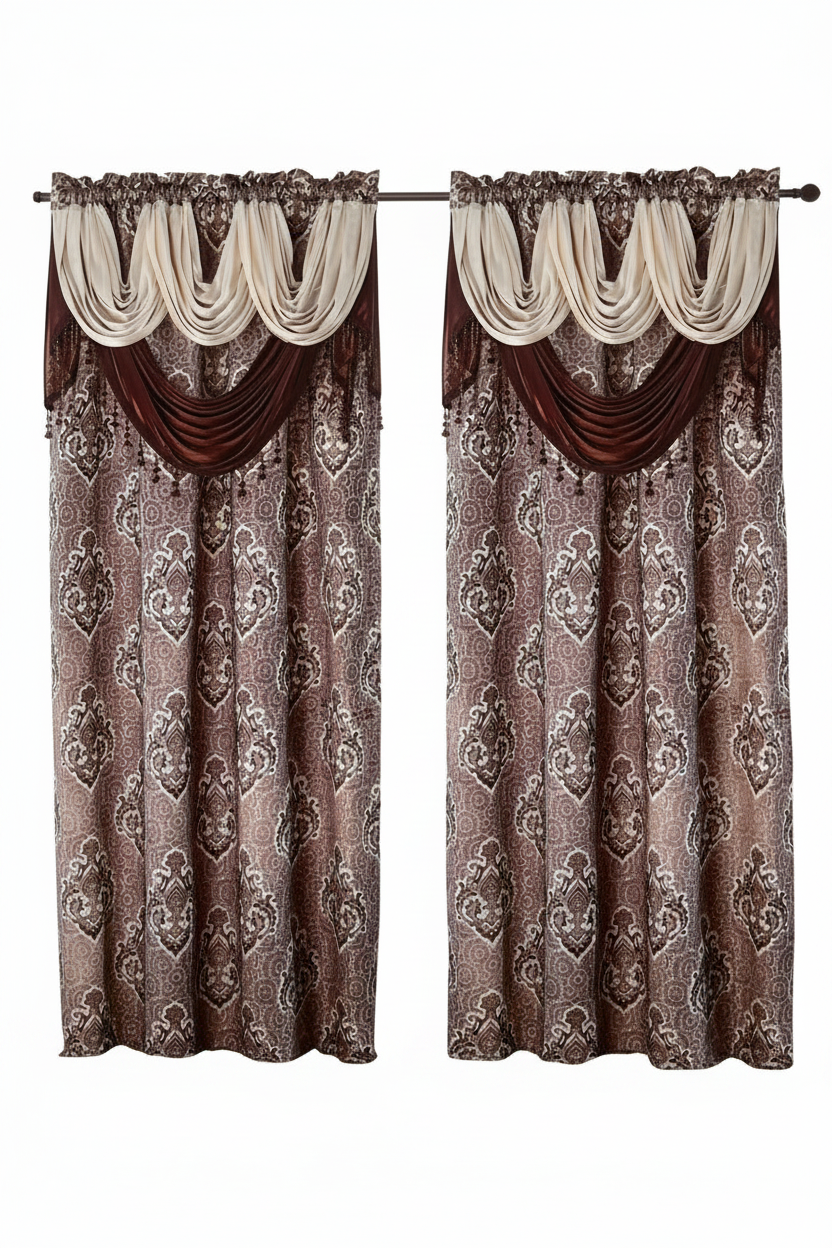 MARILYN  BROWN Jacquard  Pattern Panel Curtain w attached lace valance Brown