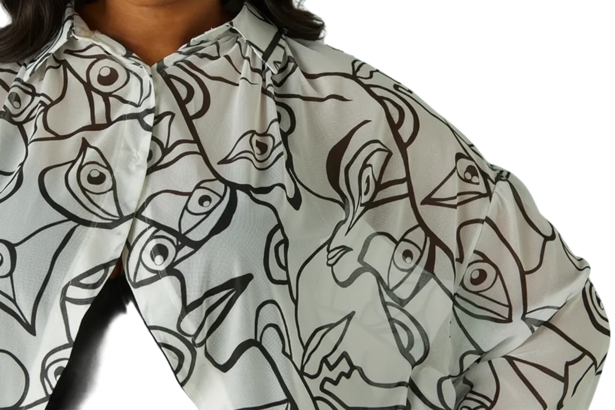 Women's PLUS SIZE Printed Collared Shrug Blouse Eye