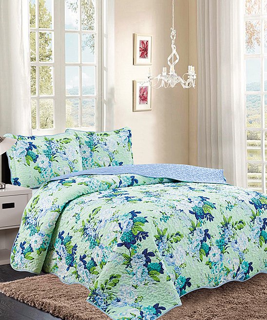 3 Piece Quilt Set  pattern Print Reversible Mint Floral KING