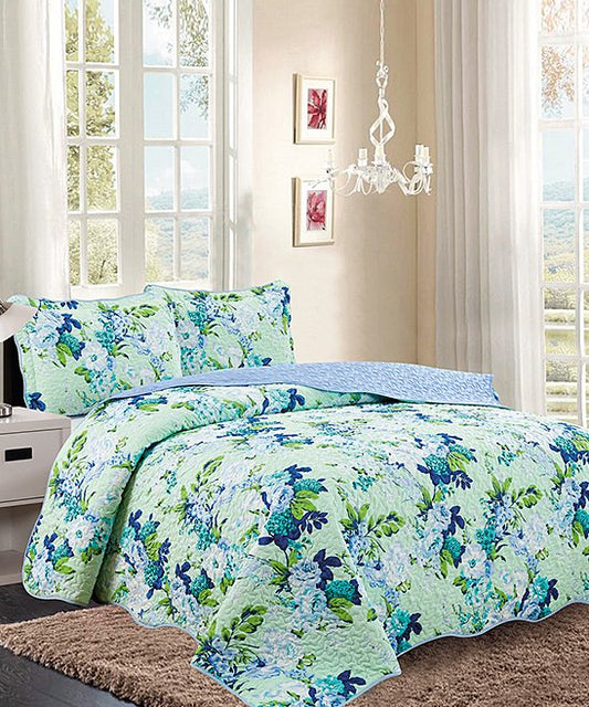 3 Piece Quilt Set  pattern Print Reversible Mint Floral KING