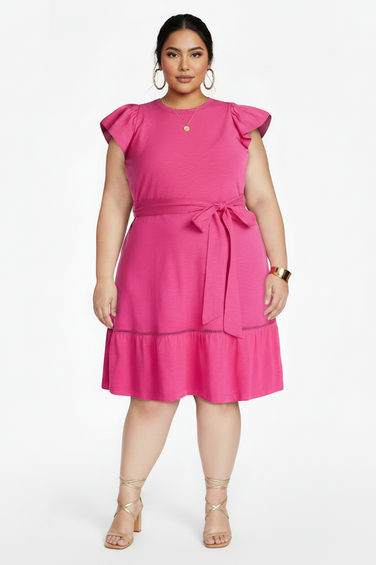 Women's PLUS SIZE Plus Belted Mini Dress with Flutter Sleeves Pink