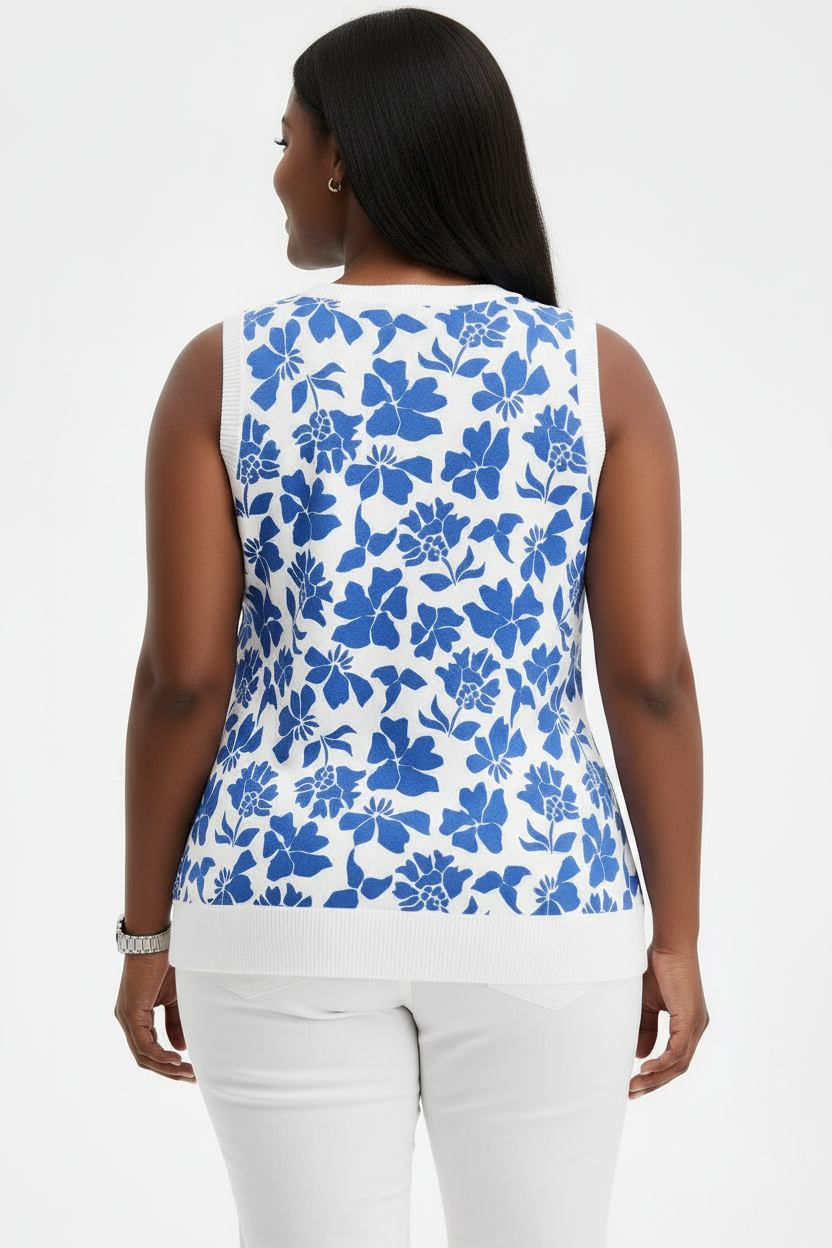 PLUS Size Women's Floral Blue w White Sleeveless Sweater