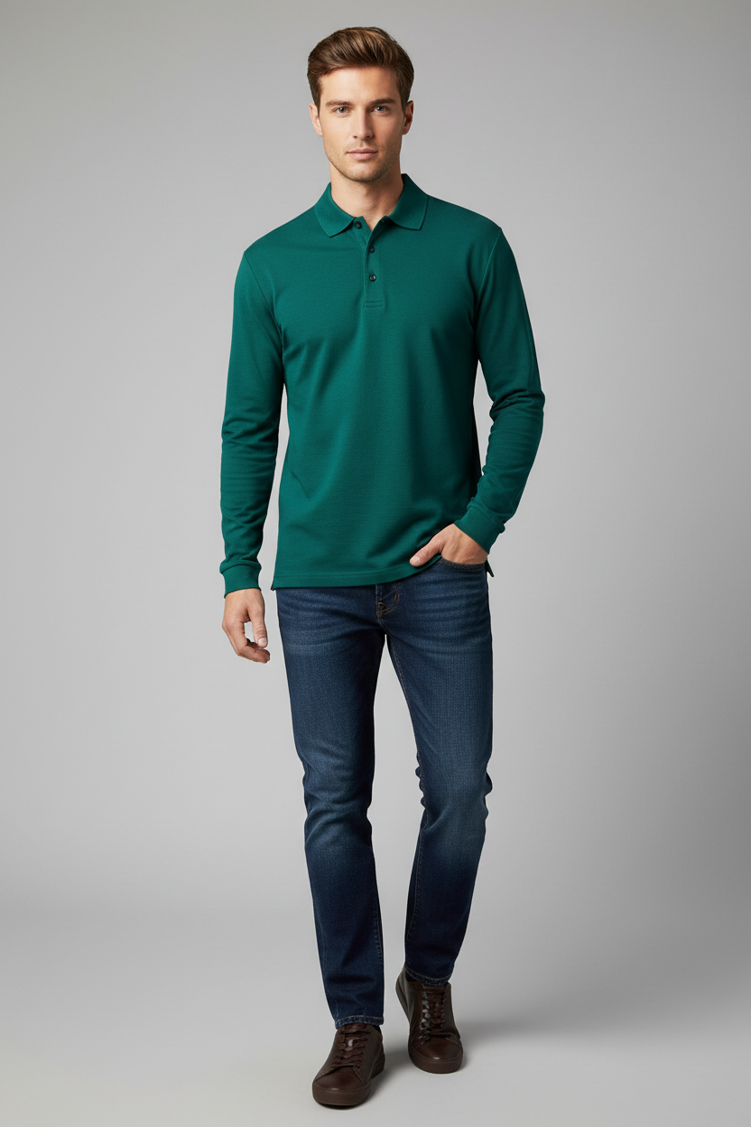 Men's thick  100% Cotton Long Sleeve Polo  Shirt Green